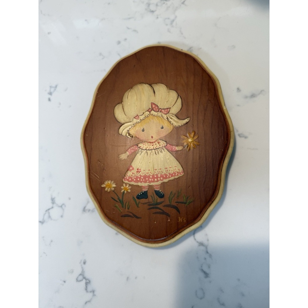 Vintage Hand Painted Girl on Wood Wall Hanging Plaque Signed HS 6x8